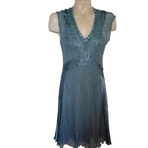 KOMAROV Silk Blend Beaded V Neck Sleeveless Midi Dress Teal Blue PM mermaid sexy